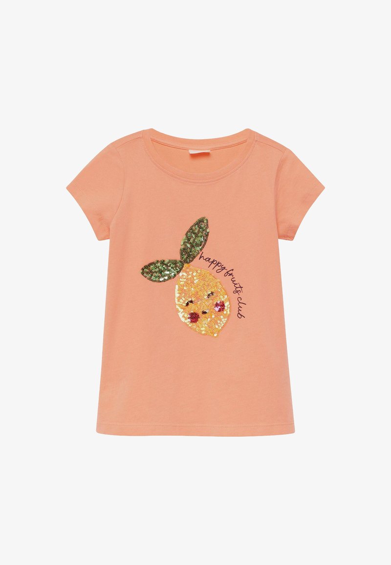 T-shirt pêche à manches courtes pour enfants avec un citron souriant en sequins et des feuilles vertes, texte « happy fruits club » sur le devant.