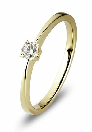 Goldener Verlobungsring mit einem einzelnen runden Brillanten, gehalten von vier Krappen auf einem polierten, glatten Band.