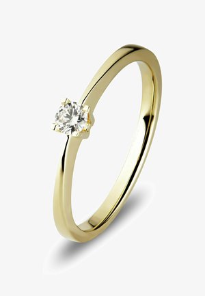 Goldener Verlobungsring mit einem einzelnen runden Brillanten, gehalten von vier Krappen auf einem polierten, glatten Band.