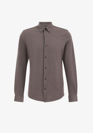 Hosszú ujjú, gombos ing tompa barna színben. Puha anyagból készült, finom textúrával. Gallérral és sötét gombokkal rendelkezik.