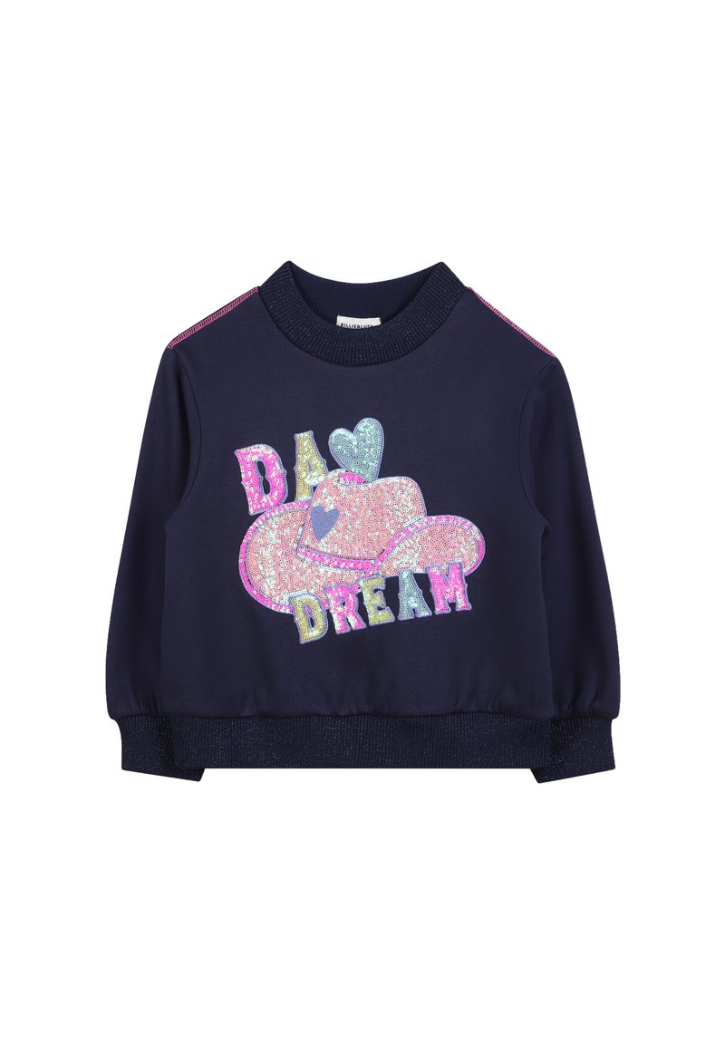 Granatowy dziecięcy sweatshirt z różową, cekinową kapeluszem kowbojskim oraz wielokolorowym napisem "DAD DREAM" z przodu i różowymi paskami na ramionach.