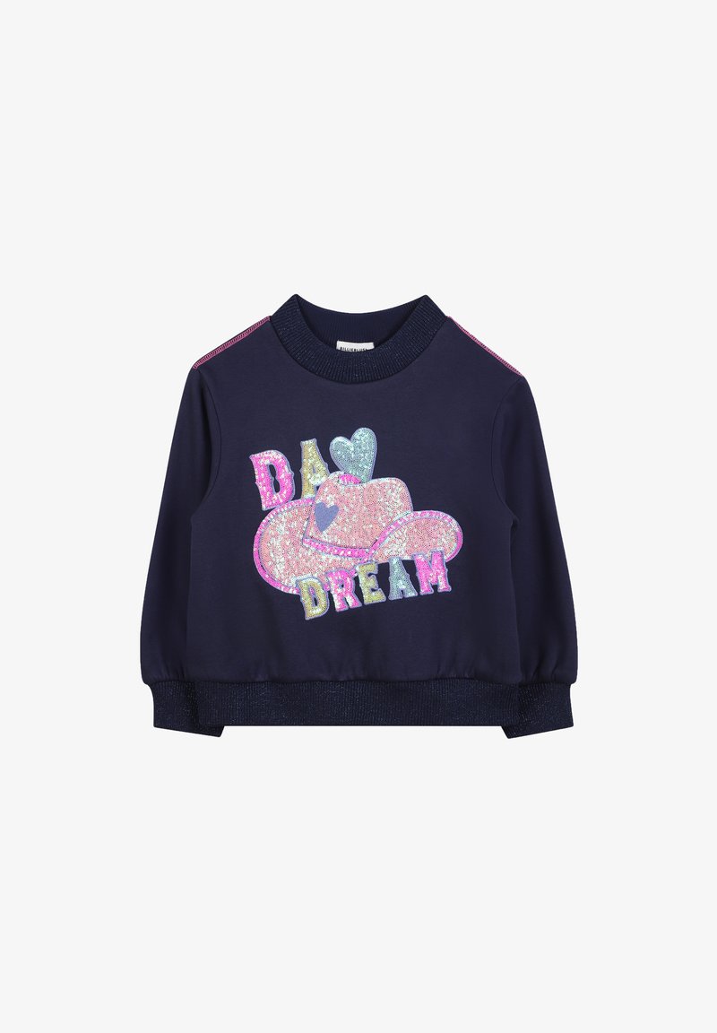 Granatowy dziecięcy sweatshirt z różową, cekinową kapeluszem kowbojskim oraz wielokolorowym napisem "DAD DREAM" z przodu i różowymi paskami na ramionach.