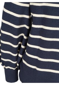 Námořnická modrá a bílá pruhovaná pletená svetr s uvolněným střihem, který má kulatý výstřih a žebrované manžety pro zvýšenou strukturu.