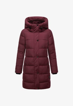 Burgundská prešívaná bunda s vysokým golierom, zipsovými vreckami a kapucňou. Vlastnosti obsahujú prešívaný dizajn s patentom a elastickými manžetami.