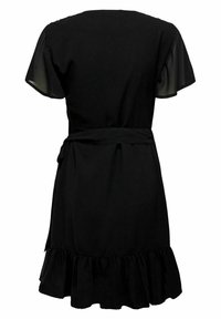 Abito nero con orlo svasato, maniche corte trasparenti e cintura in vita, caratterizzato da una texture liscia e un design semplice.