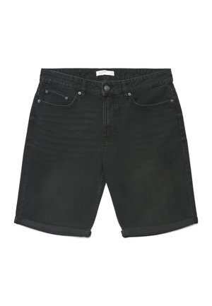 Shorts in denim nero con orli risvoltati, chiusura con bottone e cerniera, tasche frontali e taschino portamonete, stesi su uno sfondo bianco.