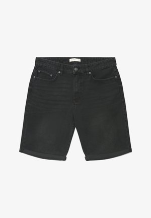Shorts en denim noir à revers roulés, fermeture par bouton et zip, avec poches avant et poche monnaie, posés à plat sur un fond blanc.
