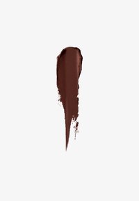 Échantillon de rouge à lèvres marron mat avec une finition lisse et texturée, présenté sur un fond blanc, mettant en valeur une couleur profonde et riche.