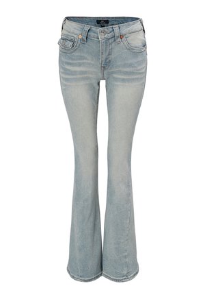 Hellblaue Denim-Jeans mit ausgewaschenem Waschungseffekt, leicht ausgestellten Beinen, vorderem Knopf- und Reißverschluss sowie einem Fünf-Taschen-Design.