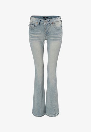 Hellblaue Denim-Jeans mit ausgewaschenem Waschungseffekt, leicht ausgestellten Beinen, vorderem Knopf- und Reißverschluss sowie einem Fünf-Taschen-Design.