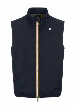Gilet senza maniche blu navy con colletto alto, zip frontale completa e dettagli della zip in contrasto giallo e arancione; texture del tessuto liscia.