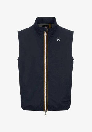 Granatowa bezrękawnik z wysokim kołnierzem, pełnym zamkiem z przodu oraz kontrastującymi żółtymi i pomarańczowymi detalami zamka; gładka faktura materiału.