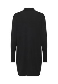Black, long-sleeve knit cardigan with a collar. Features a straight cut and slightly longer back hem. Soft texture, no visible patterns.