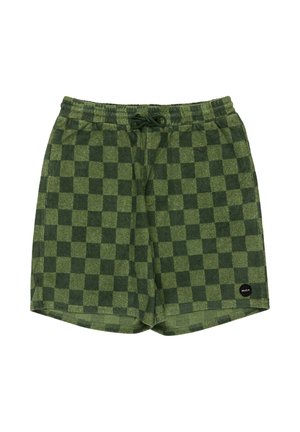 Zielone szorty w kratę z elastycznym pasem i sznurkiem, z małym czarnym logo RVCA z przodu na dole.
