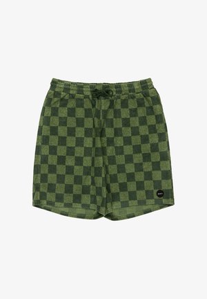 Groene kortebroek met ruitpatroon, elastische tailleband en trekkoord, met klein zwart RVCA-logo op de voorkant onderaan.