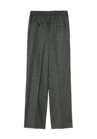 Sive teksturirane hlače s elastičnim pojasom, dva stražnja džepa s gumbima i dizajnom slobodnog kroja.