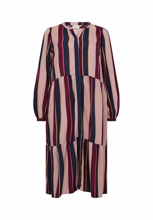 Dlhé pruhované šaty s vertikálnymi pruhmi v odtieňoch ružovej, námorníckej a burgundskej. S výstrihom do V, dlhými rukávmi a vrstveným dizajnom. Vyrobené z ľahkej tkaniny.