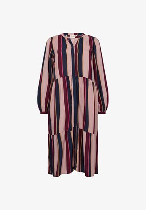 Garšs, svītrains kleita ar vertikālām svītrām rozā, tumši zila un bordo krāsās. V-veida dekoltē, garas piedurknes un slāņota dizaina. Izgatavota no viegla auduma.