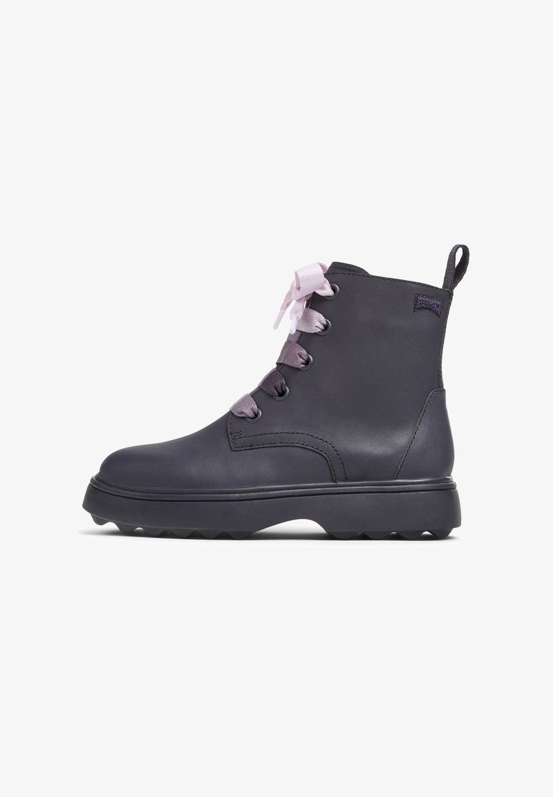 Dark navy ankle boots made of leather, featuring a round toe, rubber sole, and lavender laces. Includes a small loop on the heel.