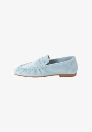 Light blue suede moccasin loafer with a low brown sole, rounded toe, and stitched detailing on the upper side.