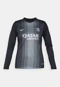 Long-sleeve soccer jersey in black and gray with vertical stripes, featuring a round neck, Nike logo, and Qatar Airways branding.