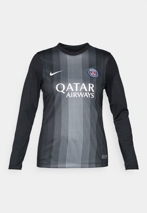 Camiseta de fútbol de manga larga en negro y gris con rayas verticales, con cuello redondo, logotipo de Nike y marca Qatar Airways.