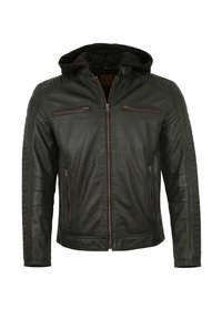 Schwarze Lederjacke mit Kapuze, ausgestattet mit einem Reißverschluss vorne, zwei Reißverschlusstaschen auf der Brust und gepolsterten Schulterakzenten für Textur und Designdetails.