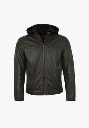 Black leather jacket with a hood, featuring a zip front, two chest zippers, and padded shoulder accents for texture and design detail.