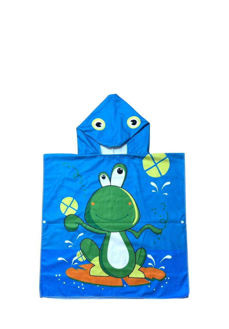 Blå poncho-handduk med groddesign, med en huva formad som ett grodhuvud, grön grodillustration och lekfulla plaskmönster.