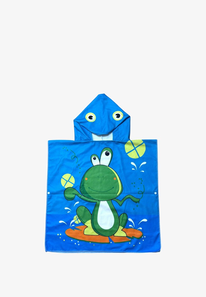 Blå poncho-handduk med groddesign, med en huva formad som ett grodhuvud, grön grodillustration och lekfulla plaskmönster.