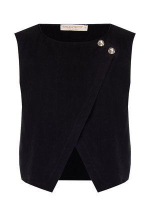 Haut sans manches noir avec un design drapé, featuring deux boutons décoratifs en argent et une texture lisse. Fait en tissu léger.