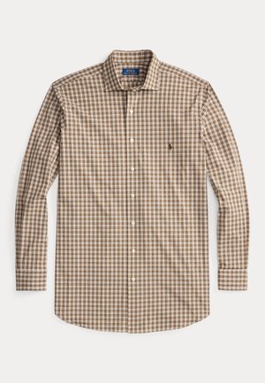 Chemise à manches longues pour homme, à carreaux marron et blanc, avec un petit logo brodé sur la poitrine gauche.