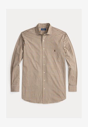 Camisa de homem de manga longa com padrão de xadrez castanho e branco e um pequeno logótipo bordado no lado esquerdo do peito.