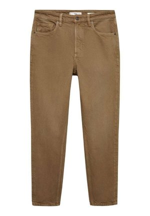 Brown cotton trousers with a slim fit, featuring five pockets, belt loops, and subtle stitching details. Smooth texture, no visible patterns.