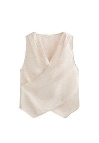 Haut beige sans manches style cache-cœur avec fines rayures horizontales et ourlet asymétrique, en tissu léger.