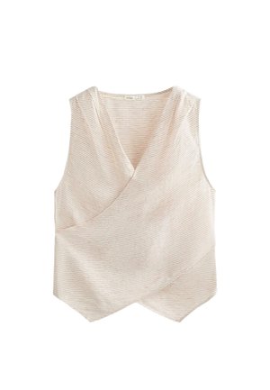 Bež top bez rukava u stilu omota s finim horizontalnim prugama i asimetričnim rubom, izrađen od lagane tkanine.