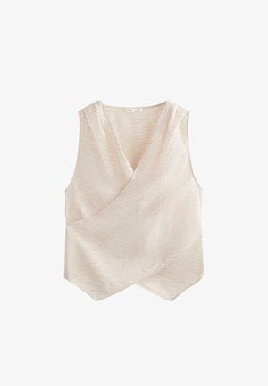 Bež top bez rukava u stilu omota s finim horizontalnim prugama i asimetričnim rubom, izrađen od lagane tkanine.