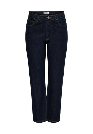 Donkerblauwe denim broek met een recht slagontwerp, voorzakken, gele stiksels en een solide tailleband. Merklabel zichtbaar aan de bovenkant.