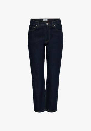 Dark blue denim trousers with straight leg design, front pockets, yellow stitching, and a solid waistband. Brand label visible at the top.