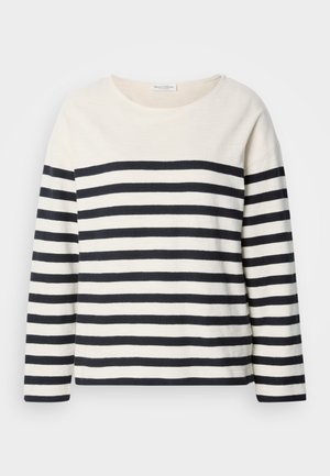 Camisola de manga longa com base creme e riscas horizontais azuis. Apresenta um decote redondo e um ajuste relaxado. Material suave de algodão.