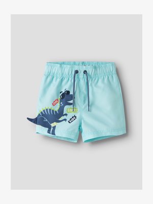 Pantaloncini da bagno celesti per bambini con un dinosauro blu dei cartoni animati che indossa occhiali da sole e le parole "Cool", "Rawr!" e "Dude" sulla gamba sinistra.
