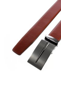 Brown leather belt with a smooth texture. Features a polished, rectangular silver buckle with a narrow slot design.