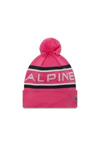 Różowa dziana czapka z pomponem na górze, z wyraźnymi czarno-białymi paskami i wyrazem "ALPINE" wyraźnie wyświetlonym z przodu.