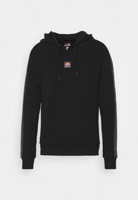 Sweat à capuche noir avec une poche avant, tissu texturé et accents gris le long des manches. Présente un petit logo sur la poitrine.