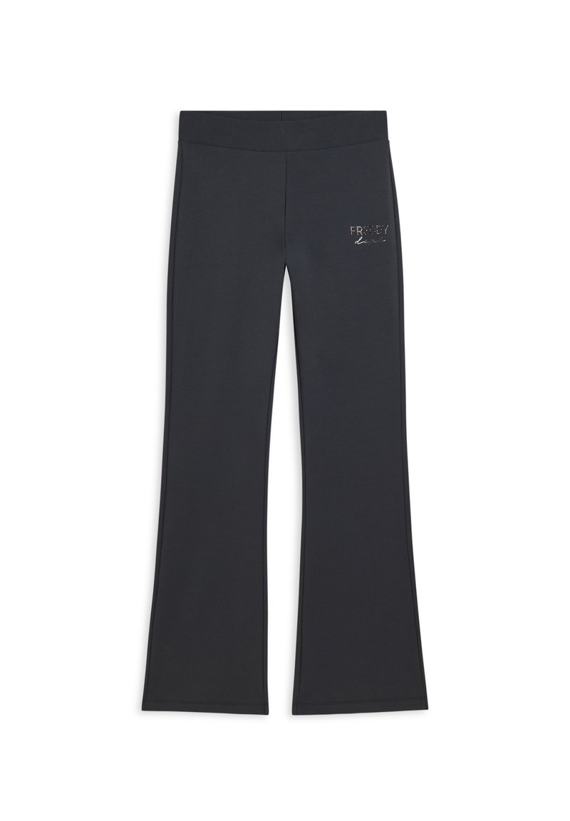 Pantalons évasés noirs en tissu extensible avec une texture lisse. Présente un accent de logo sur le côté gauche. Conçu pour le confort et la flexibilité.