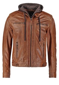 Veste en cuir marron avec une capuche grise, dotée de poches zippées, de surpiqûres contrastées, d'une coupe ajustée et d'une texture lisse.