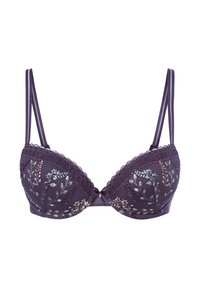 Vijolični modrček z žičkami, okrašen s cvetličnim vzorcem v zeleni, modri in kremni barvi, s valovitimi robovi in nastavljivimi naramnicami.