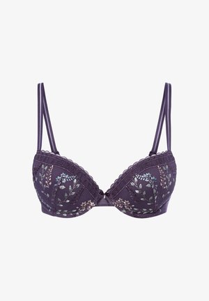 Soutien-gorge violet avec armatures, orné de broderies florales vertes, bleues et crème, présentant des bords festonnés et des bretelles réglables.