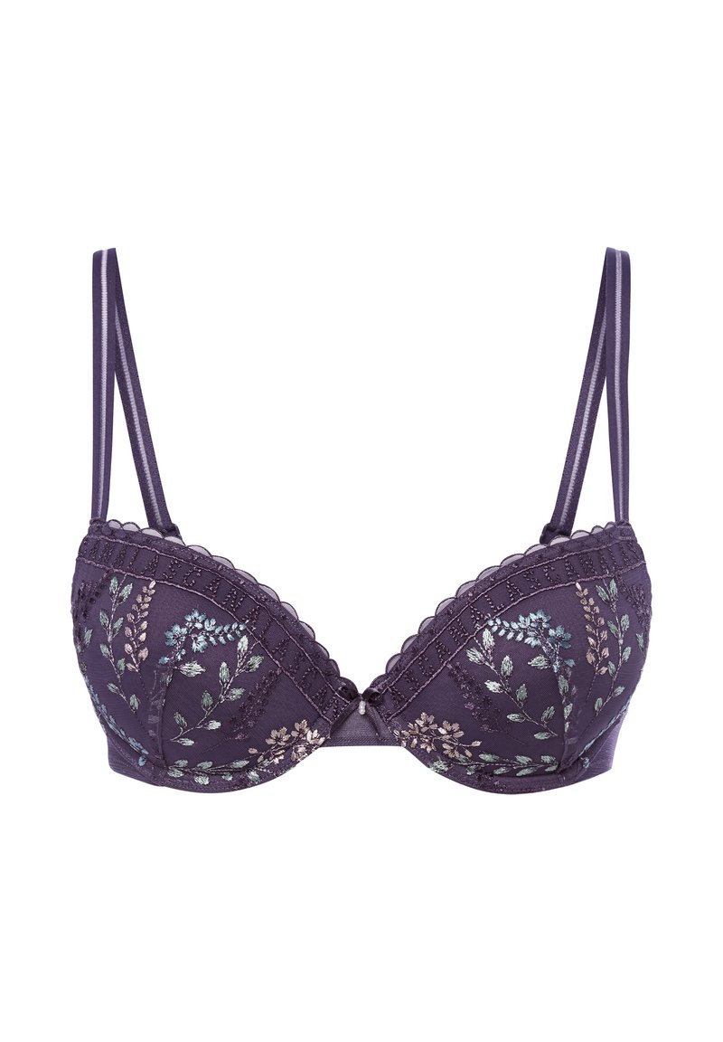 Vijolični modrček z žičkami, okrašen s cvetličnim vzorcem v zeleni, modri in kremni barvi, s valovitimi robovi in nastavljivimi naramnicami.