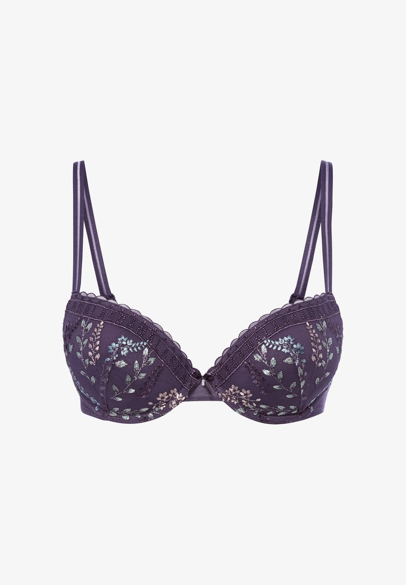 Vijolični modrček z žičkami, okrašen s cvetličnim vzorcem v zeleni, modri in kremni barvi, s valovitimi robovi in nastavljivimi naramnicami.